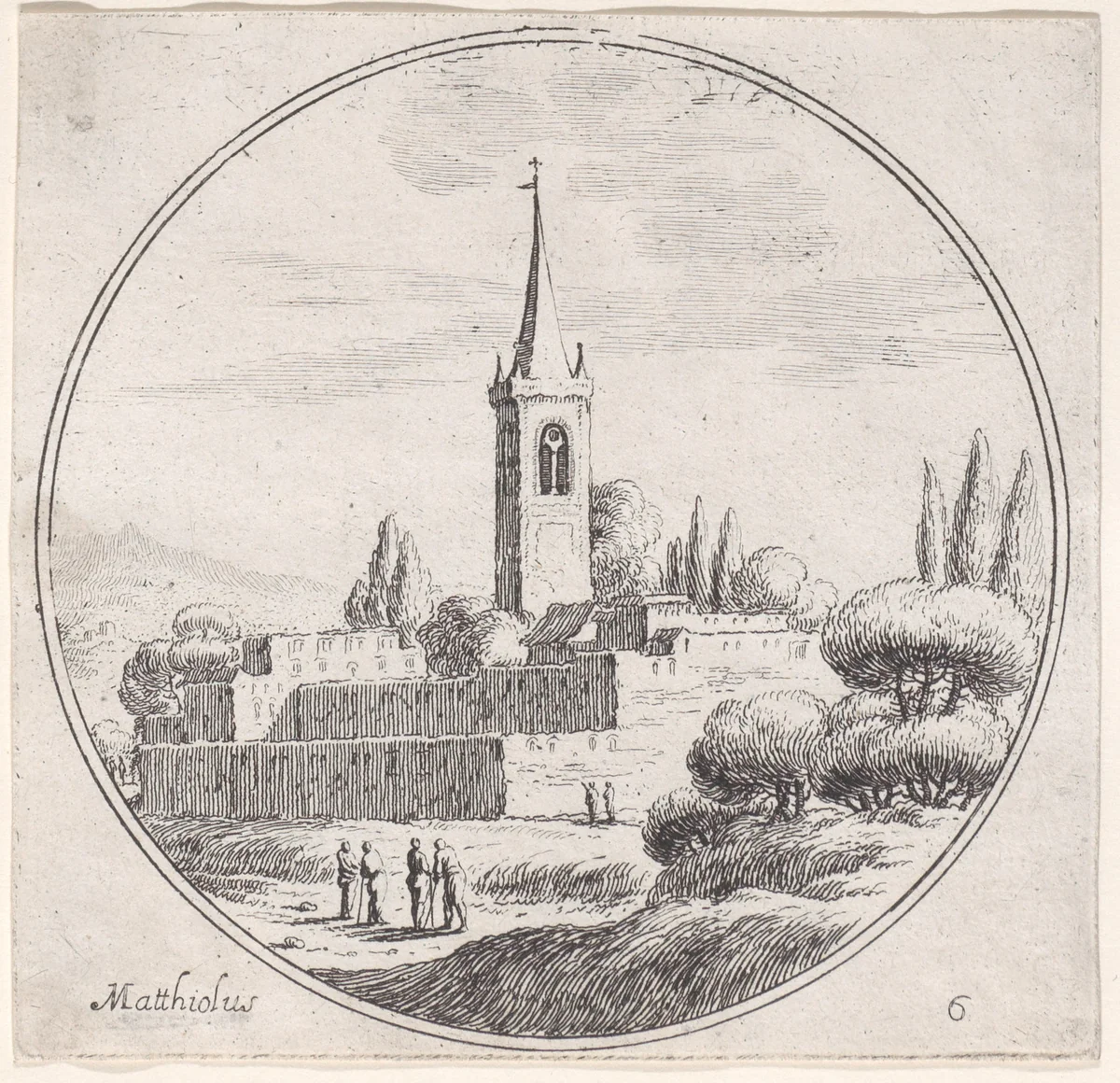 Plate 6: church steeple at center, with groups of people standing in a landscape below by Lodovico Mattioli, print, 1680-1747