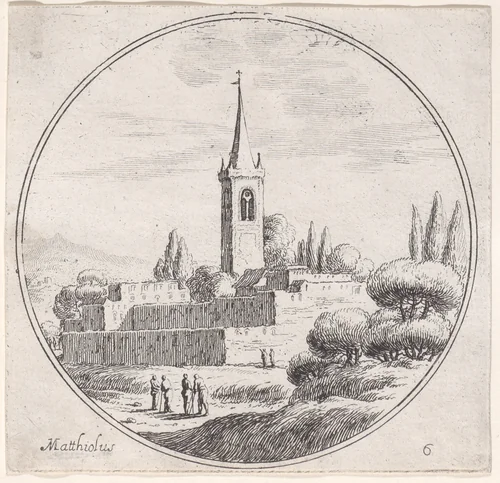Plate 6: church steeple at center, with groups of people standing in a landscape below by Lodovico Mattioli, print, 1680-1747