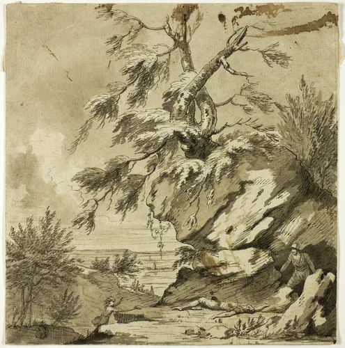 Dead Man, Brigand and Fleeing Child on Rocky Bluff by Salvator Rosa, drawing, 1635-1673