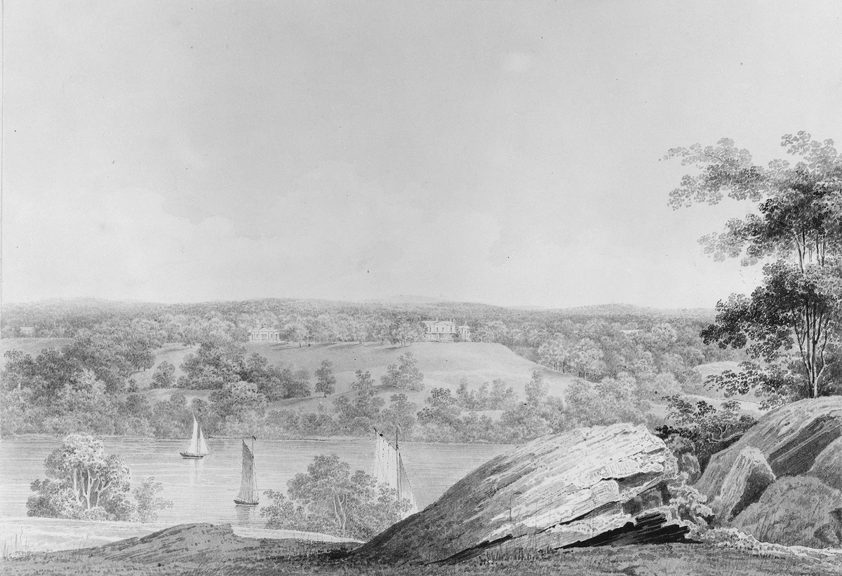 View of the David Hosack Estate at Hyde Park, New York, from Western Bank of the Hudson River (from Hosack Album) by Thomas Kelah Wharton, artwork, 1829-1832