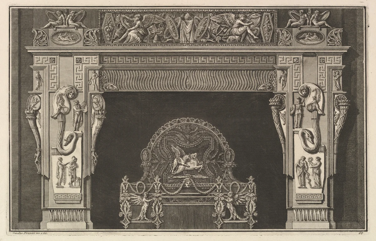 Chimneypiece: Frieze of trophies and winged Victories on the lintel, with cornucopias to either side of the jambs decorated with varied reliefs (Ch. décorée d'une grecque), from Diverse Maniere d'adornare i cammini ed ogni altra parte degli edifizi...(Different Ways of ornamenting chimneypieces and all other parts of houses) by Giovanni Battista Piranesi, print, 1764-1774