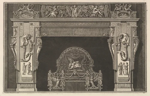 Chimneypiece: Frieze of trophies and winged Victories on the lintel, with cornucopias to either side of the jambs decorated with varied reliefs (Ch. décorée d'une grecque), from Diverse Maniere d'adornare i cammini ed ogni altra parte degli edifizi...(Different Ways of ornamenting chimneypieces and all other parts of houses) by Giovanni Battista Piranesi, print, 1764-1774