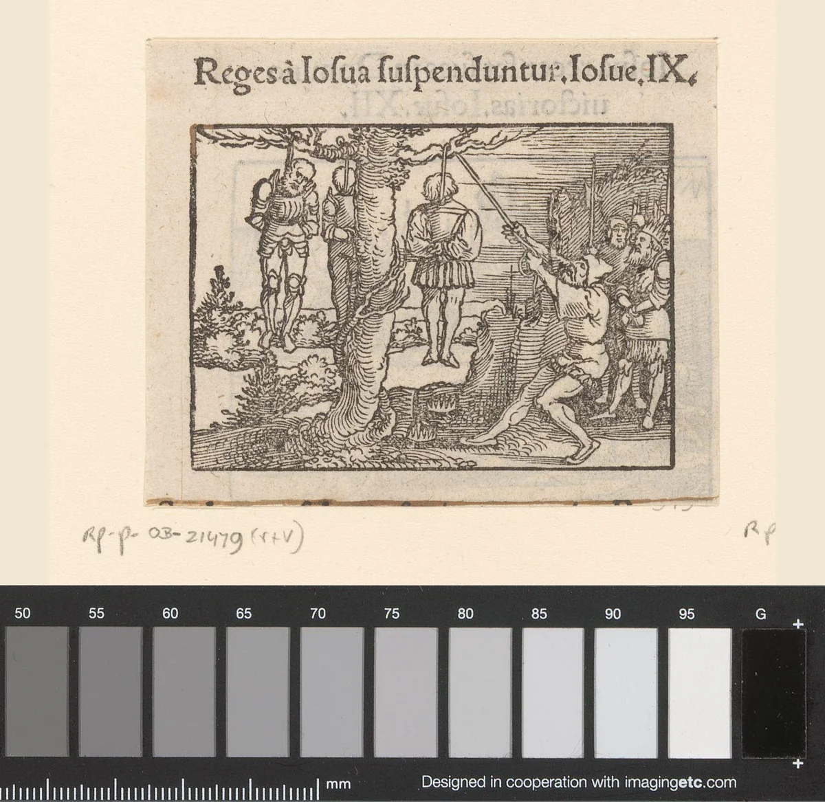 Joshua laat vijf Amoritische koningen ophangen by anonymous, print, 1530-1533