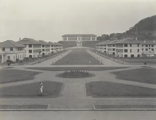 Balboa, C.Z. The Prado, looking north from Club House, showing concrete quarters and Administration Bldg by Unidentified Photographer, photograph, 1915