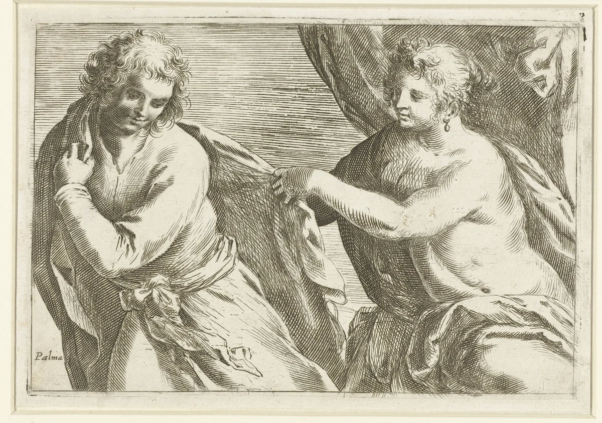 Jozef en de vrouw van Potifar by Unknown, print, 1554-1611