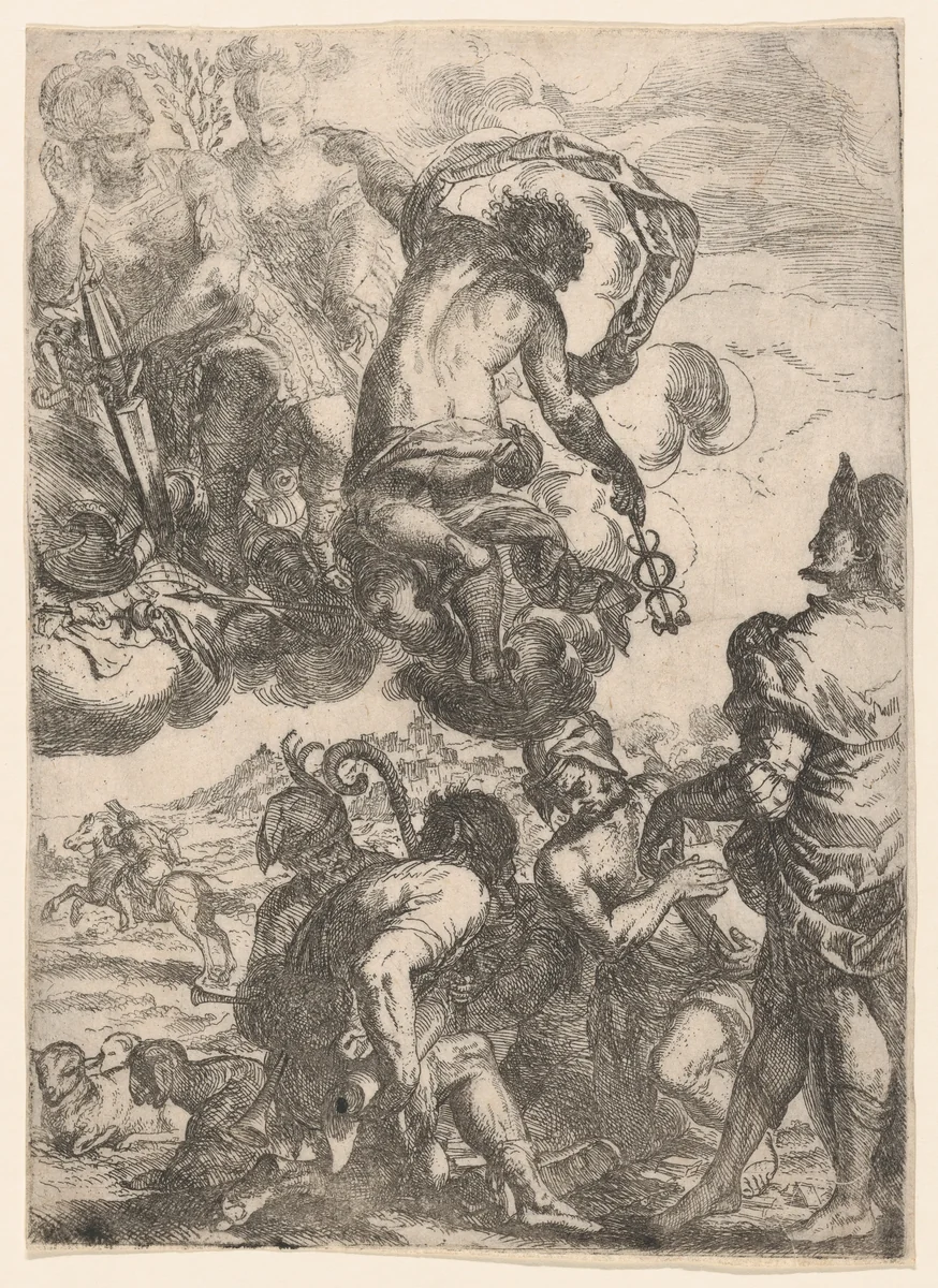 Mercury (Hermes), Juno (?) Mars, and a group of figures below (shepherds, musicians) by anonymous, print, 1635-1645