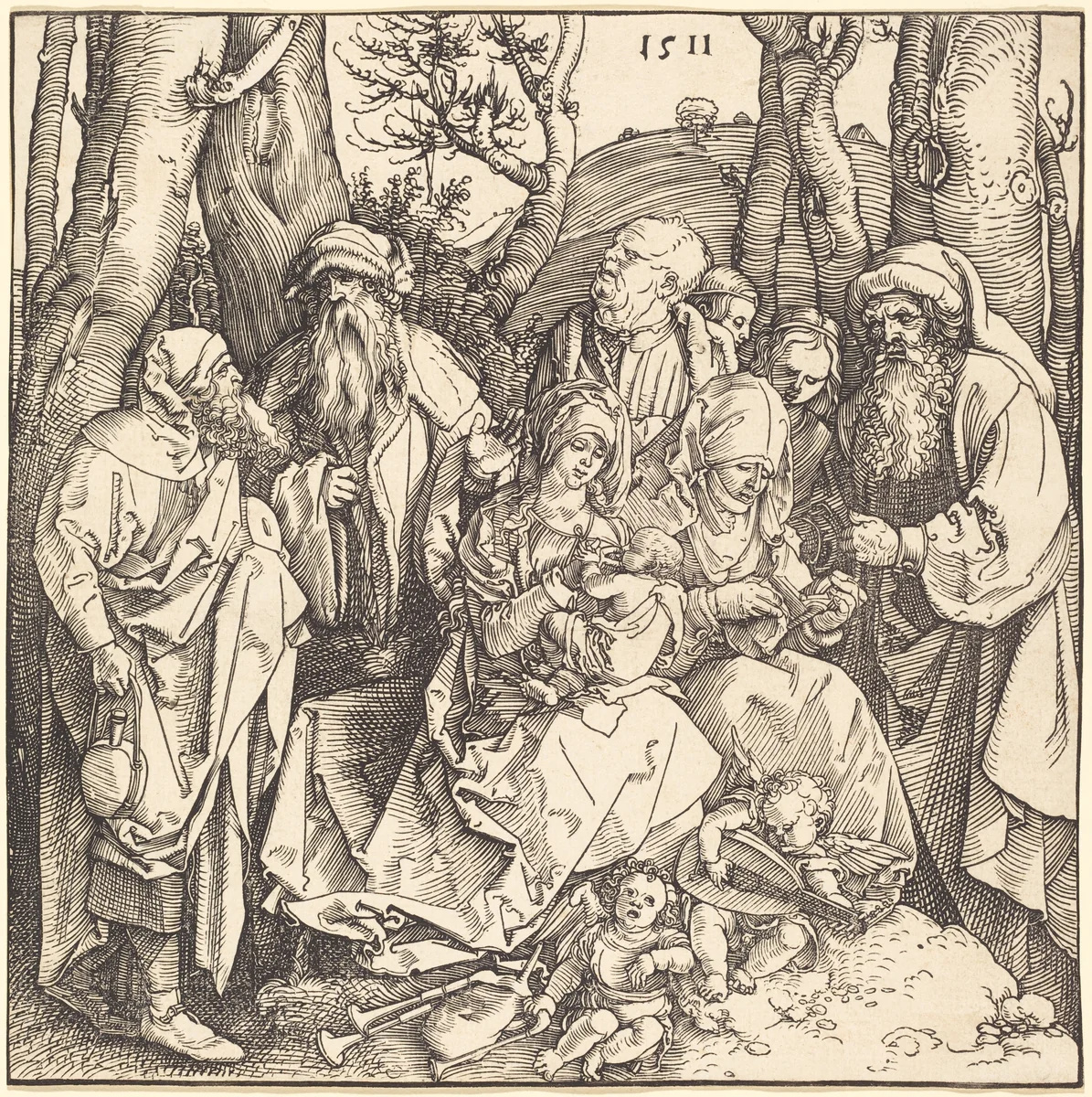 The Holy Family with Two Music-Making Angels by Albrecht Dürer, print, 1511