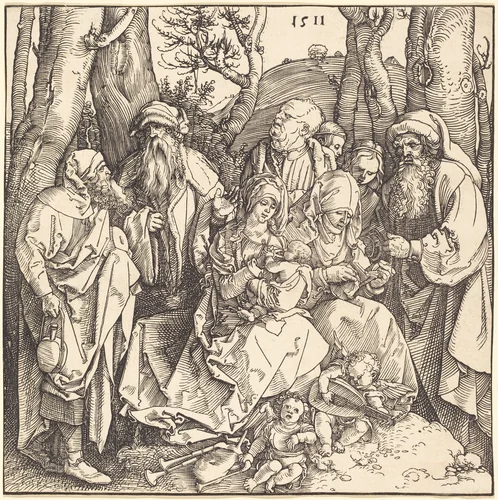 The Holy Family with Two Music-Making Angels by Albrecht Dürer, print, 1511