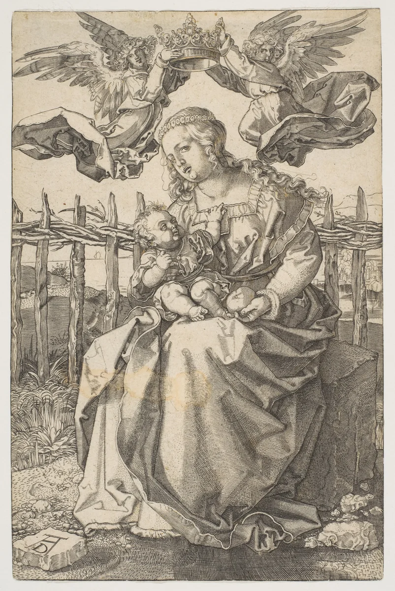 The Virgin Crowned by Two Angels by Albrecht Dürer, print, 1485-1966