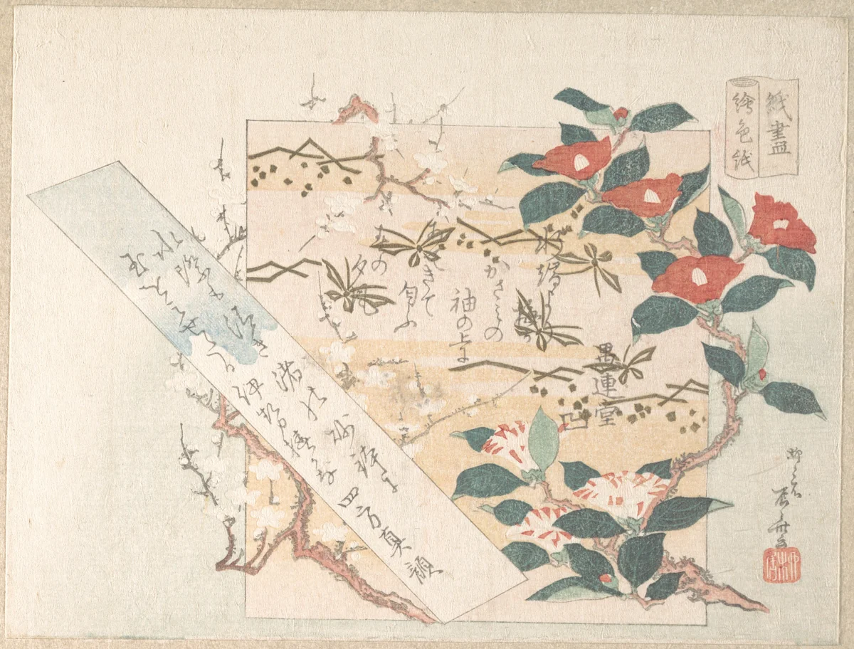Designs of Writing-Paper with Flowers by Ryūryūkyo Shinsai (柳々居辰斎), print, 1800-1899