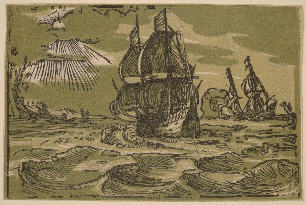 Two Three-Master Ships off a Coastline by Willem Jansz. Blaeu, print, 1600