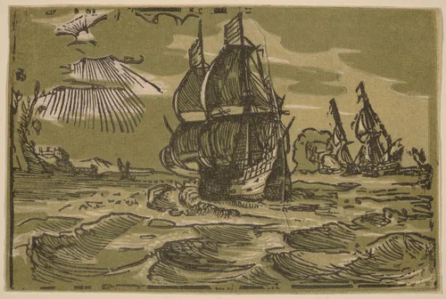 Two Three-Master Ships off a Coastline by Willem Jansz. Blaeu, print, 1600