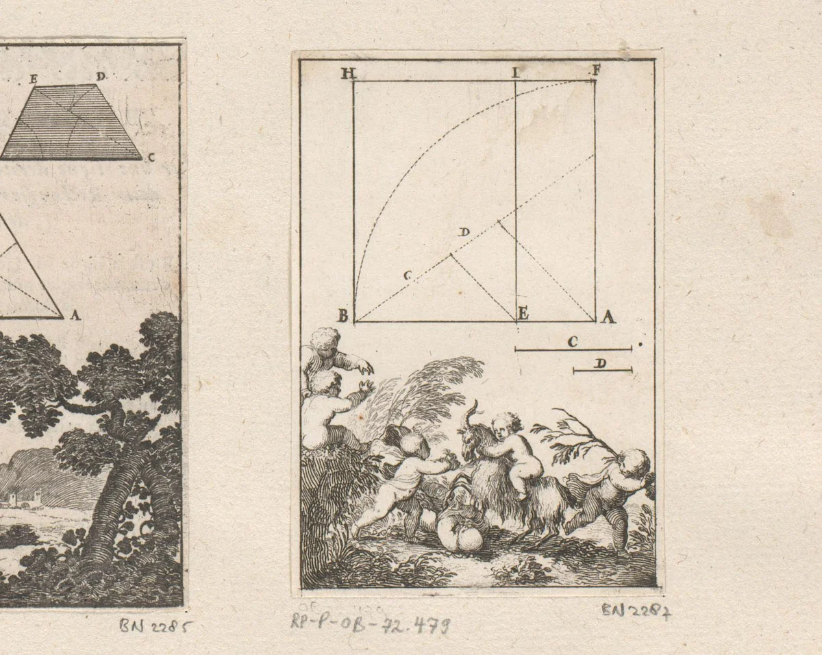 Constructie van een vierkant met onderaan putti met een bok by Sébastien Leclerc, print, 1669