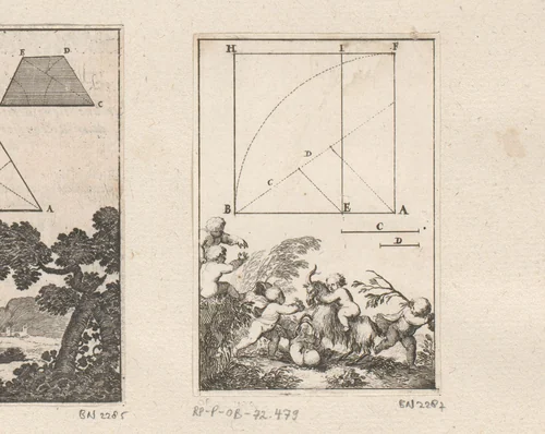 Constructie van een vierkant met onderaan putti met een bok by Sébastien Leclerc, print, 1669
