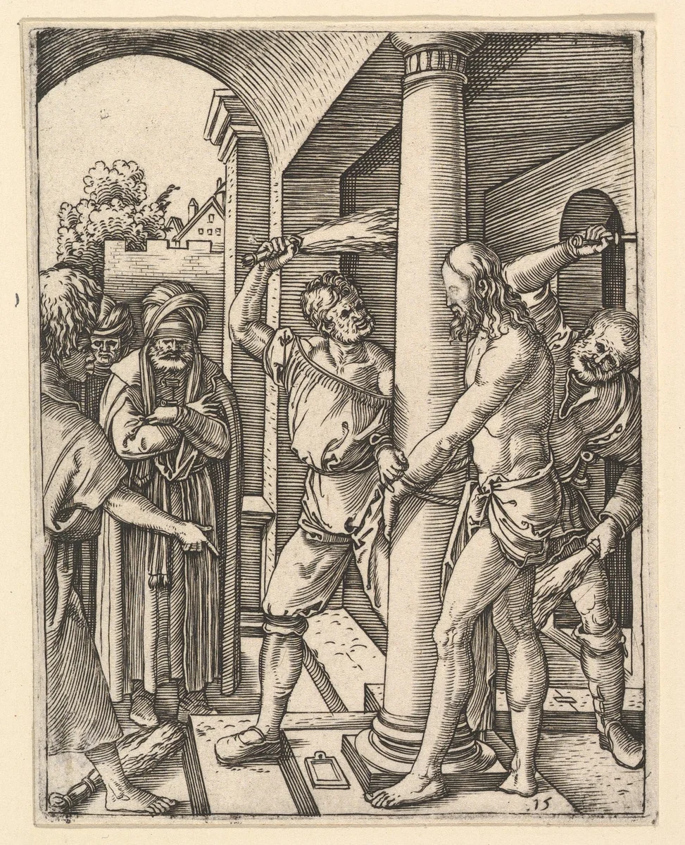 The Flagellation: Pilate stands under archway on left watching two men flagellate figure of Christ tied to column, from "The Passion of Christ", after Dürer by Marcantonio Raimondi, print, 1495-1539
