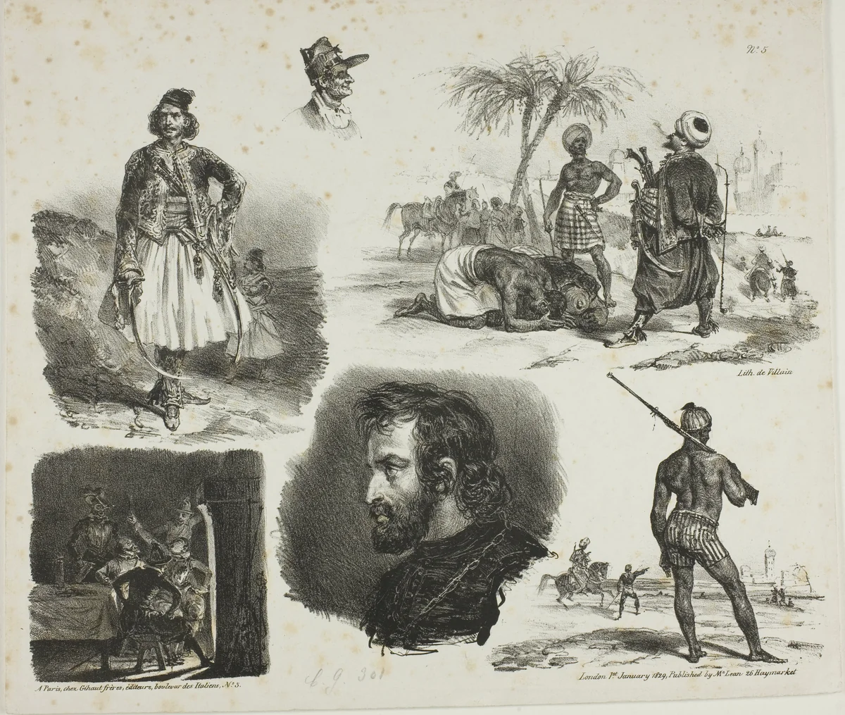 Sheet of Sketches by Denis Auguste Marie Raffet, print, 1828