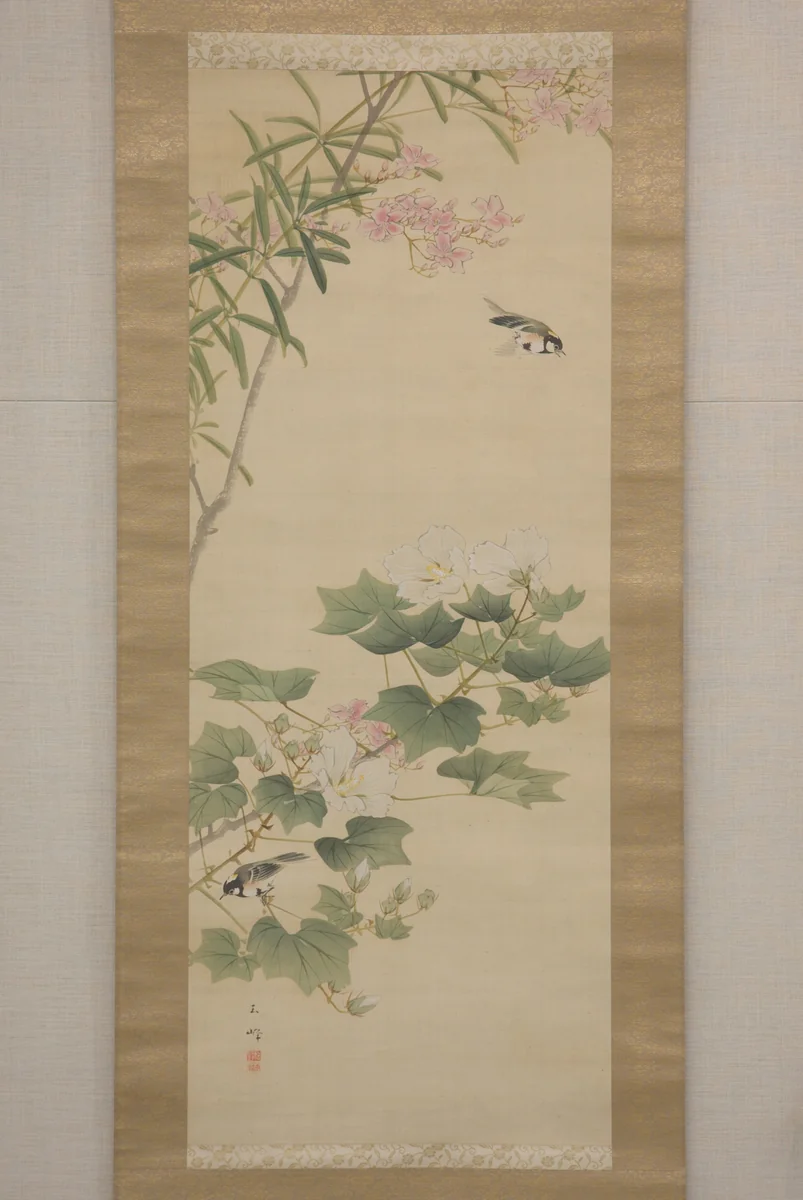 Flowering Shrubs and Field Sparrows (?) by Hasegawa Gyokuhō (長谷川玉峰), painting, 1822-1879