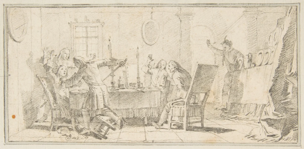 Illustration for a Book: Scene of a Murder in an Interior by Giovanni Battista Tiepolo, drawing, 1696-1770