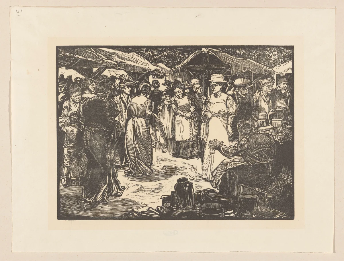 Marktscène met mannen en vrouwen by Johannes Josephus Aarts, print, 1881-1934