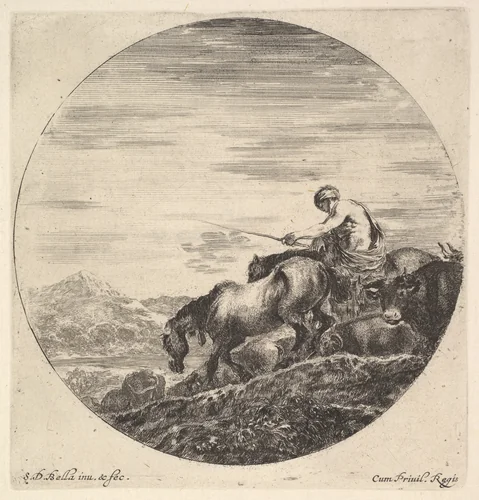 A shepherd at right, facing left, driving a group of animals downhill, from "Six Animal Subjects" (Six Sujets d'Animaux) by Stefano della Bella, print, 1643-1648