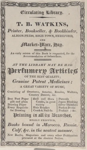 Trade Card for T. B. Watkins, Printer, Bookseller, & Bookbinder by anonymous, print, 1800-1900