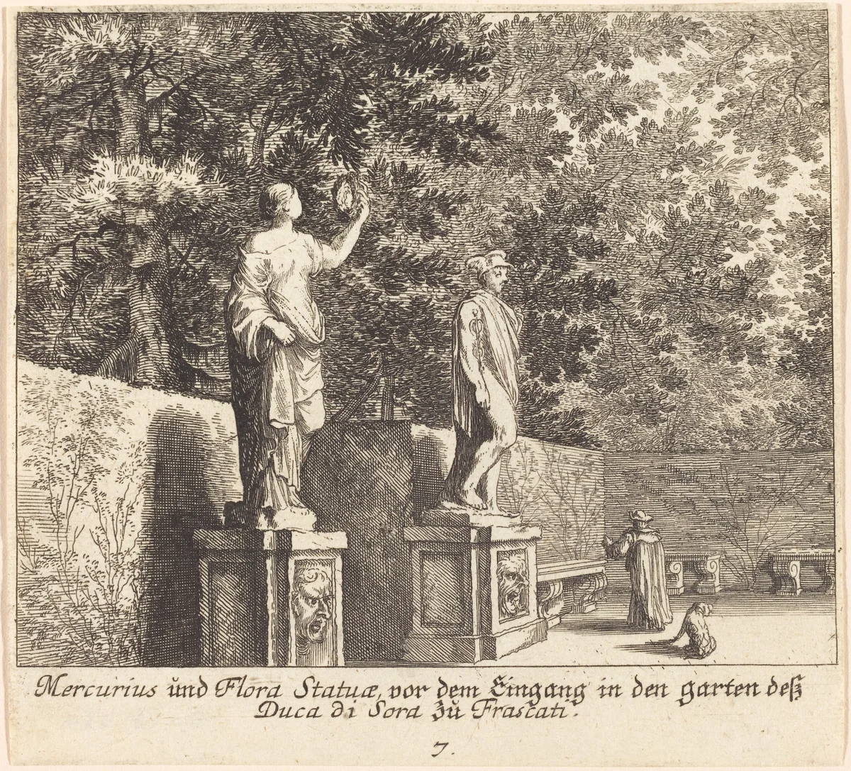 Statues of Mercury and Flora, Gardens of Dukedi Sora, Frascati by Melchior Küsel; Johann Wilhelm Baur, print, 1681
