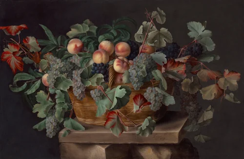 Still Life with a Basket of Peaches and Grapes by Louise Moillon, painting, 1636