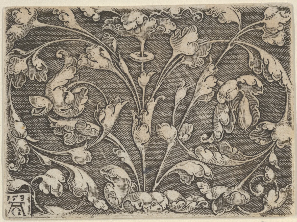 Horizontal Panel with Scrolling Tendrils Growing from Center by Heinrich Aldegrever, print, 1530-1540
