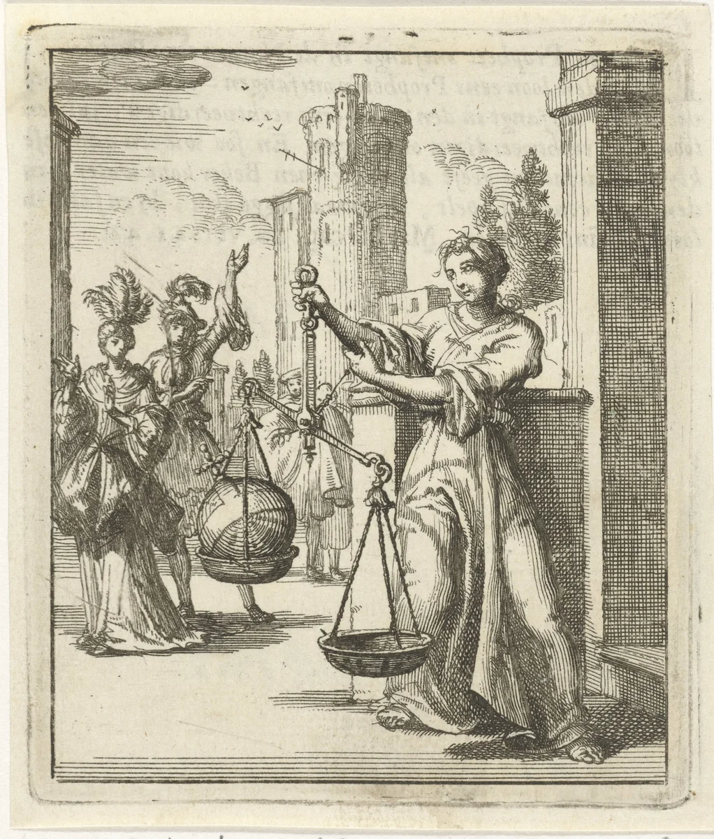 Vrouw weegt een rijksappel by Jan Luyken, print, 1687