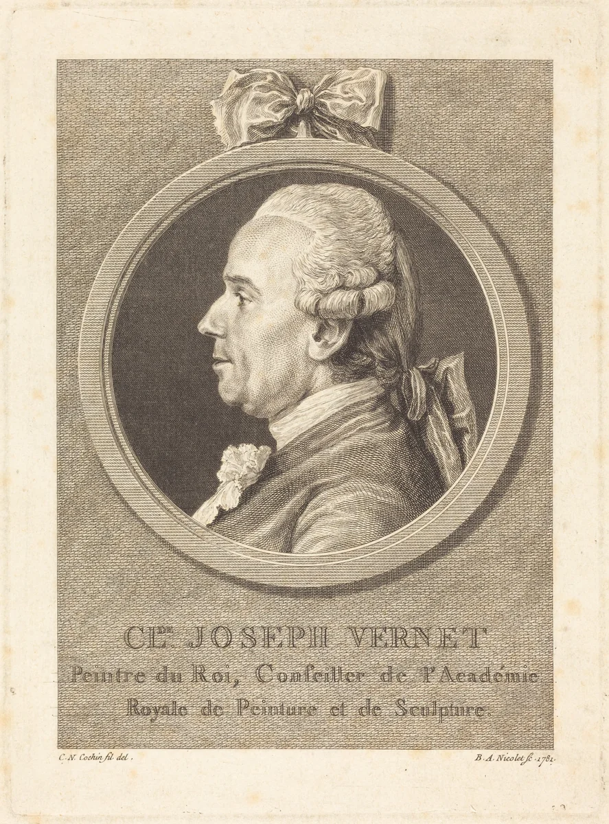 Claude Joseph Vernet by Benedict Alphonse Nicolet, Charles-Nicolas Cochin II, print, 1781