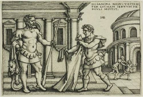 Lichas Bringing the Garment of Nessus to Hercules, from The Labors of Hercules by Sebald Beham, print, 1542