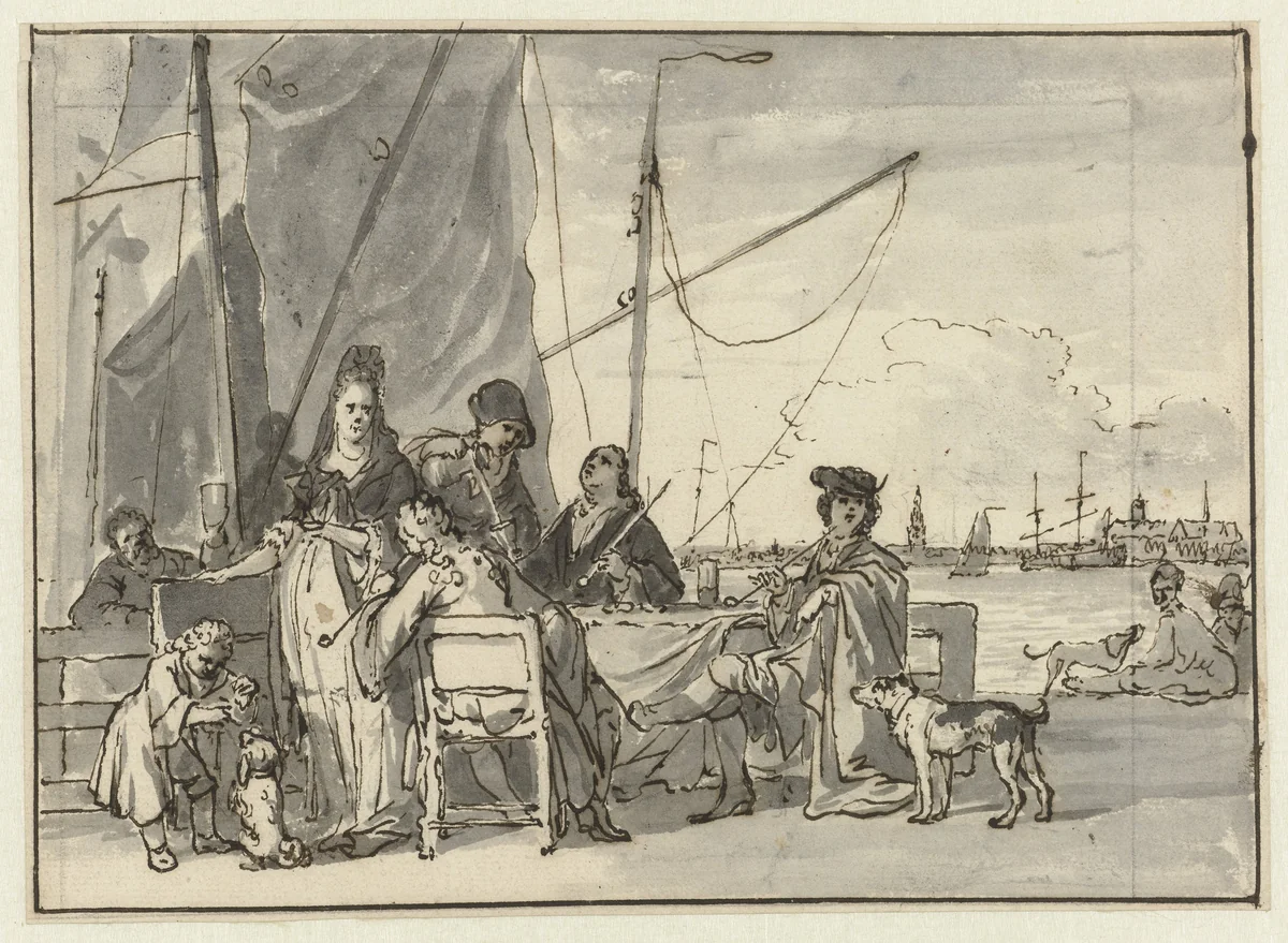 Gezelschap aan tafel by Ludolf Bakhuysen, drawing, 1702