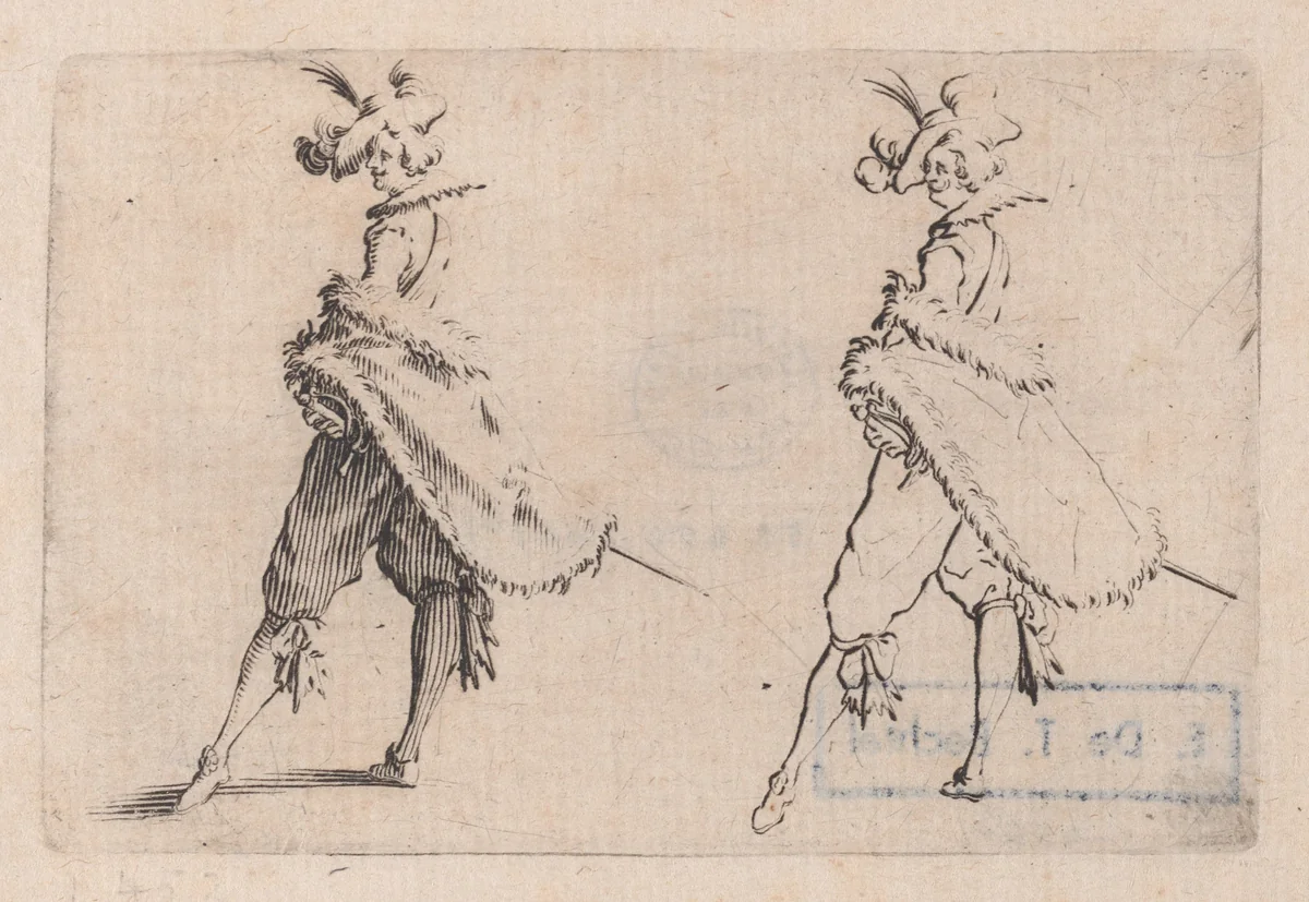 Le Gentilhomme au Manteau Posé sur la Hanche (The Gentleman with his Mantle on his Hip), from "Les Caprices" Series B, The Nancy Set by Jacques Callot, print, 1617-1620