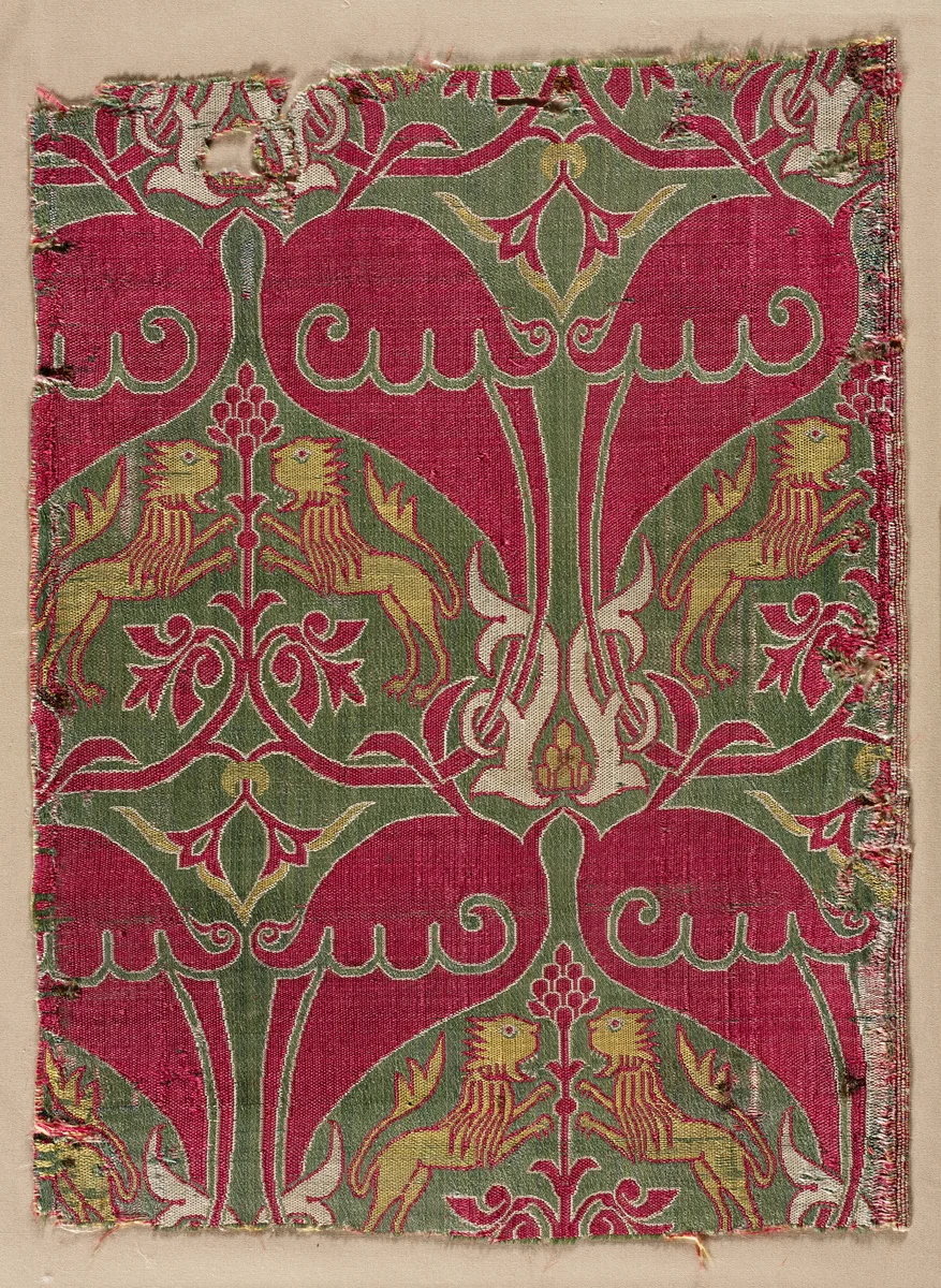 Lampas with rampant lions, palmettes, and escutcheons by Unknown, textile, 1400-1499