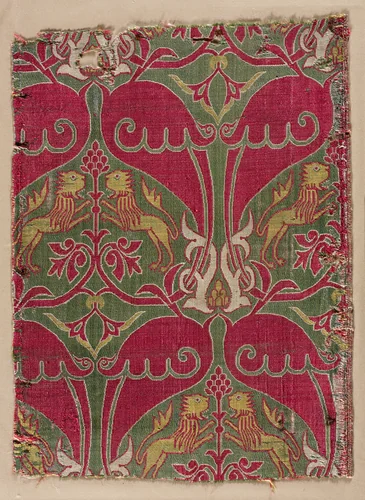 Lampas with rampant lions, palmettes, and escutcheons by Unknown, textile, 1400-1499