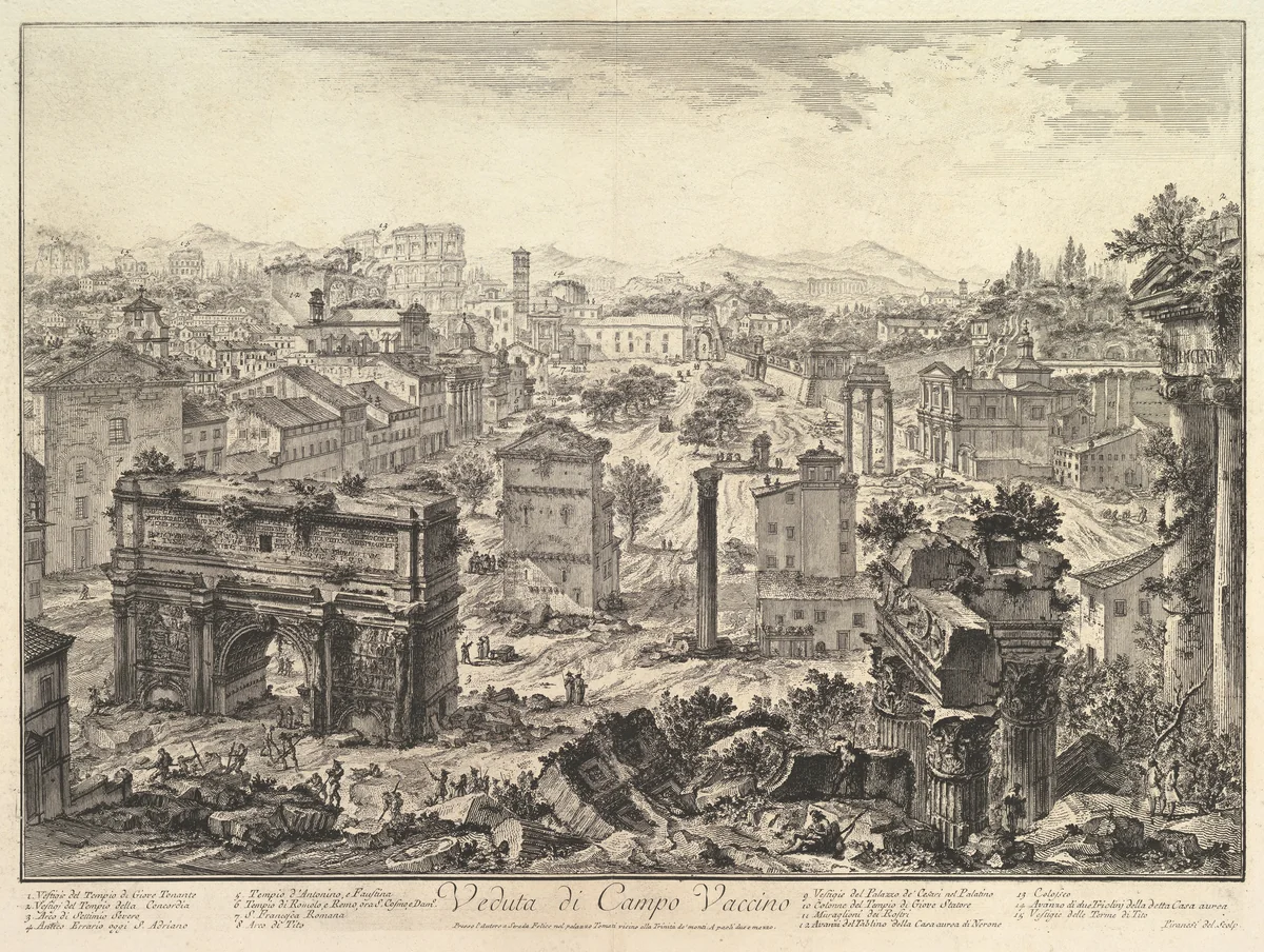 The Forum Romanum, or Campo Vaccino, from the Capitol, with the Arch of Septimius in the foreground left, Temple of Vespian right, and the Colosseum in the distance (Veduta di Campo Vaccino) by Giovanni Battista Piranesi, print, 1770-1780