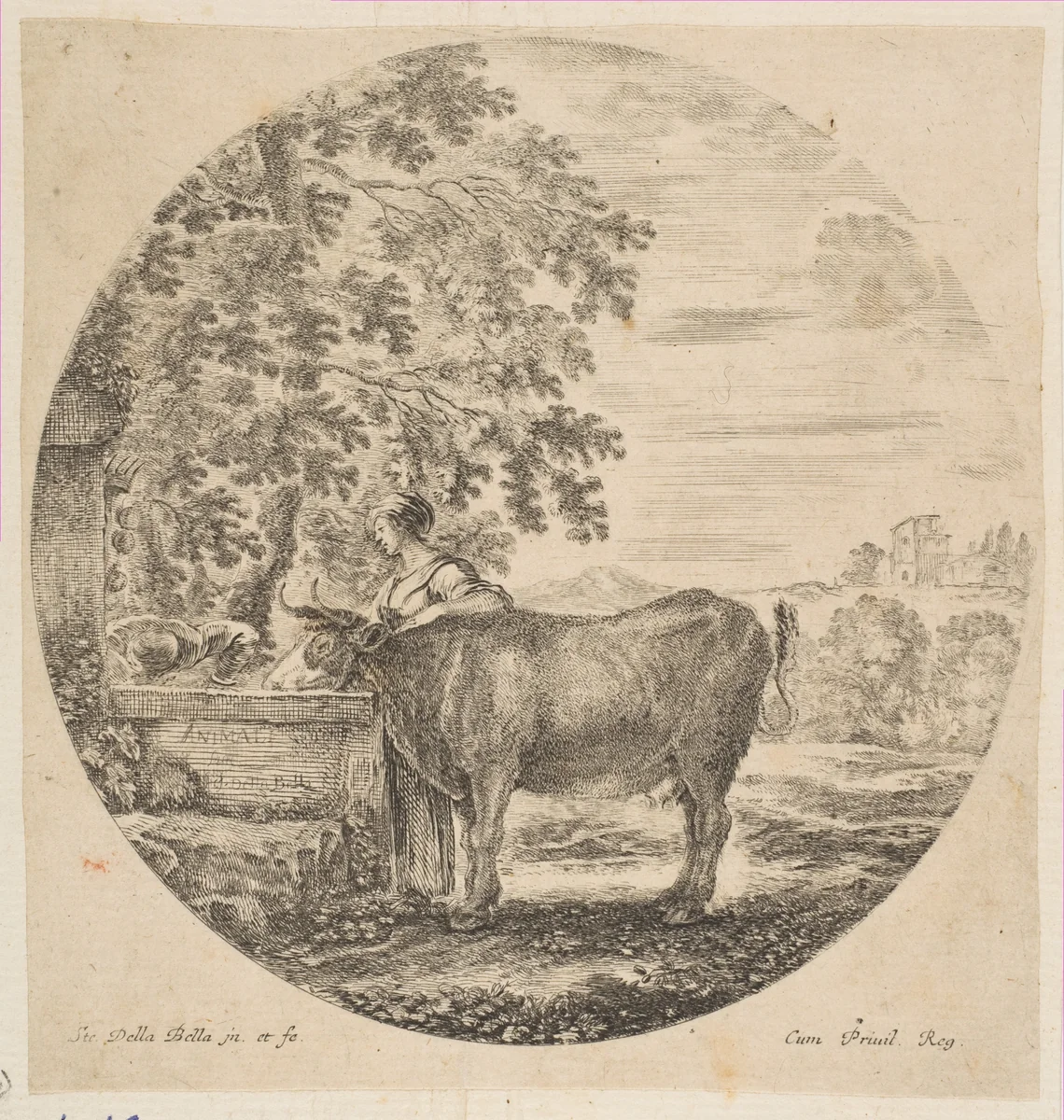 A peasant woman with a cow at a fountain decorated with the Medici arms, from "Six animal subjects" (Six sujets d'animaux) by Stefano della Bella, print, 1641-1651