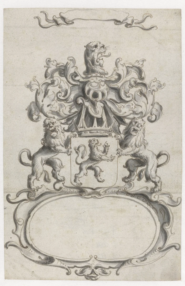 Ovale cartouche met wapen tussen twee leeuwen by Pieter Jansz, drawing, 1649-1654