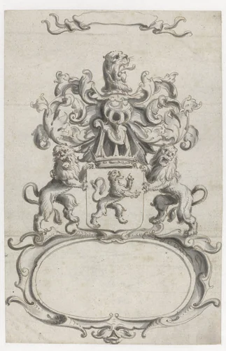 Ovale cartouche met wapen tussen twee leeuwen by Pieter Jansz, drawing, 1649-1654