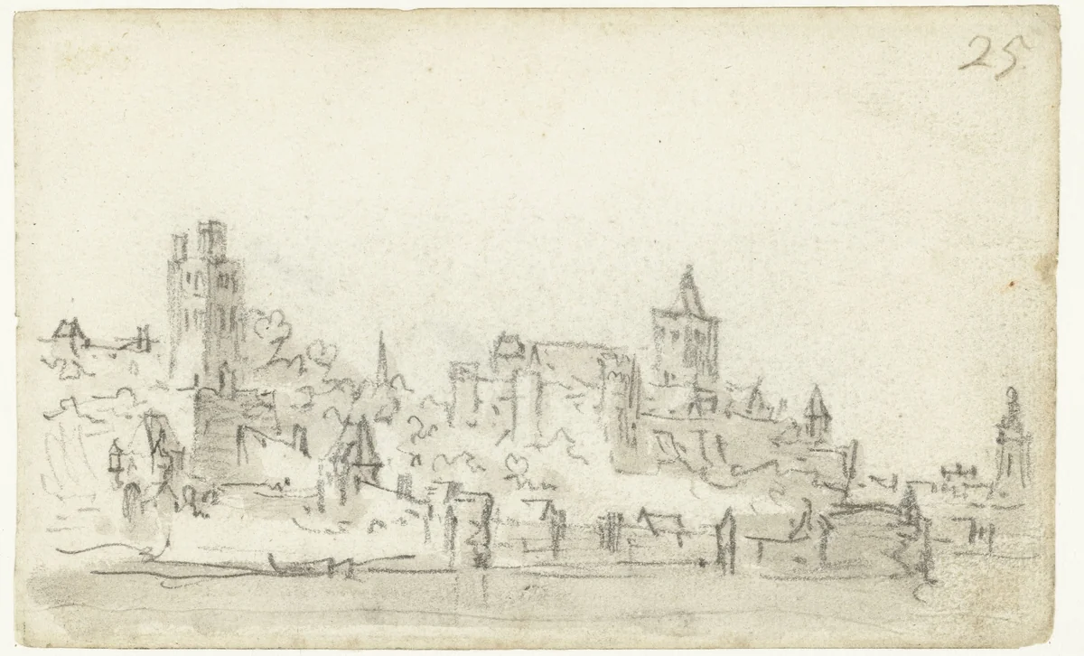 Gezicht van de Waal op Nijmegen by Jan van Goyen, drawing, 1650-1651