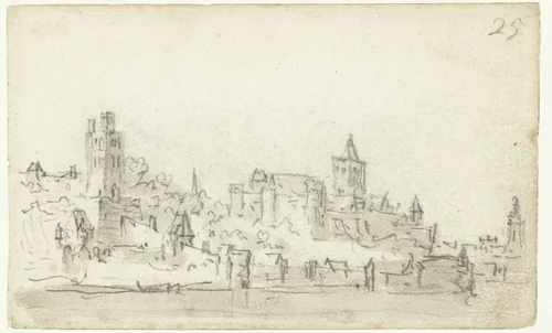 Gezicht van de Waal op Nijmegen by Jan van Goyen, drawing, 1650-1651