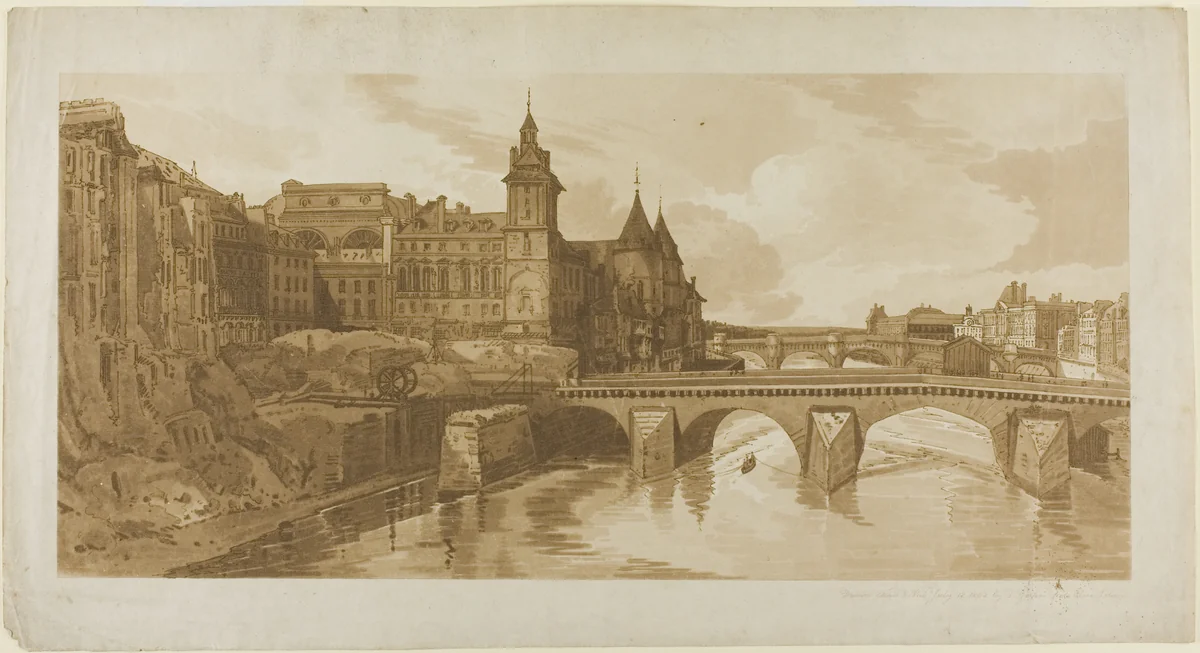 View of Pont au Change, the City Theatre, Pont Neuf, Conciergerie Prison, etc. taken from Pont Notre Dame, from A Selection of Twenty of the Most Picturesque Views in Paris by Thomas Girtin, print, 1802