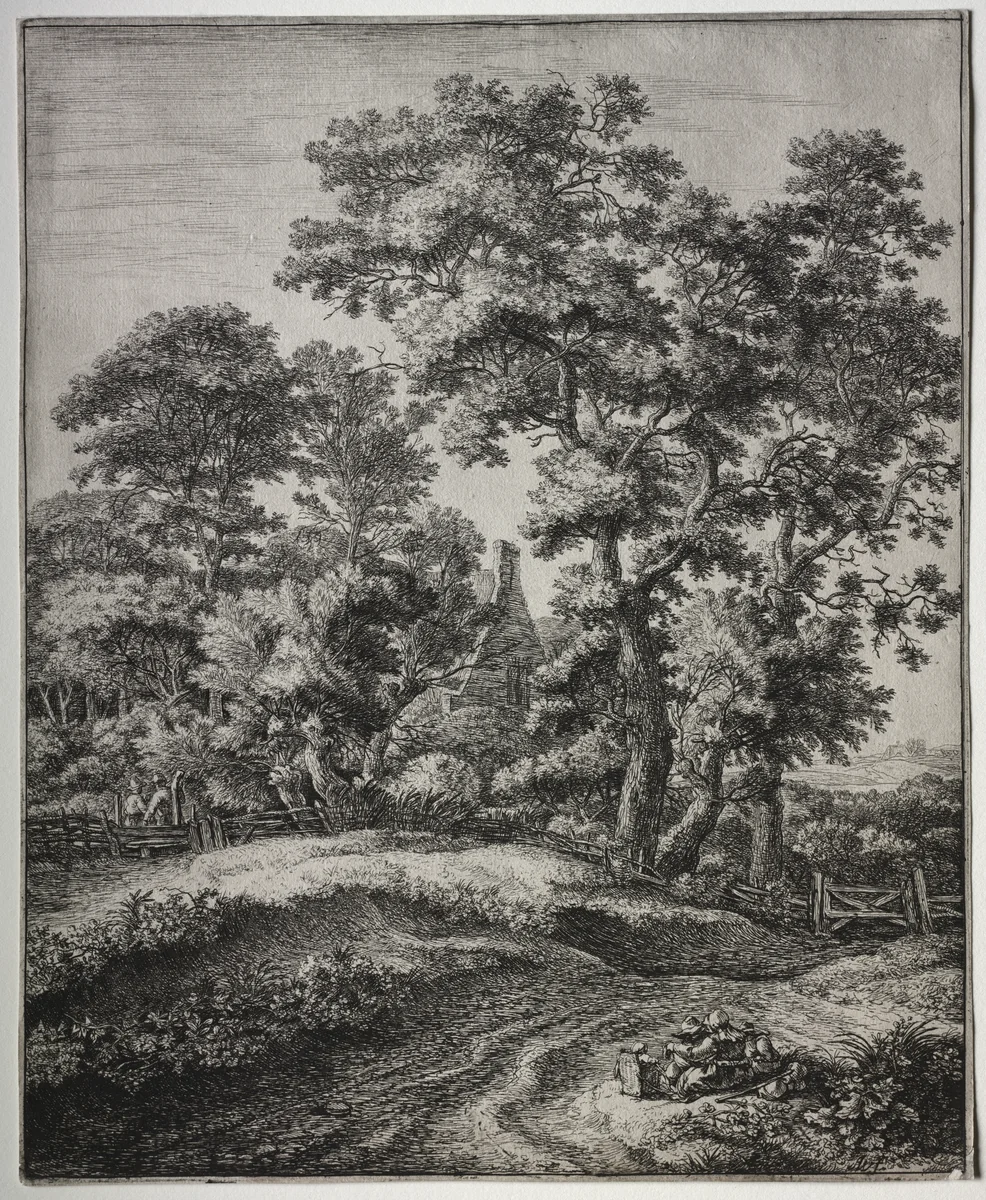 Six Large Upright Landscapes: A Mother and Three Children at Rest by Anthonie Waterloo, print, 1640-1690