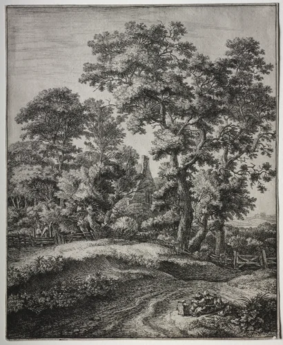 Six Large Upright Landscapes: A Mother and Three Children at Rest by Anthonie Waterloo, print, 1640-1690