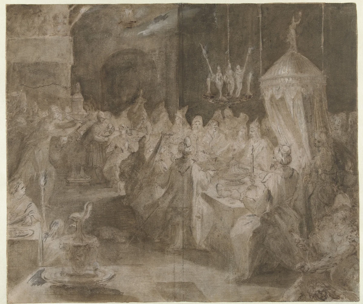 Het gastmaal van Belsassar by Jan Harmensz. Muller, drawing, 1588-1595