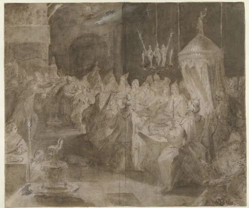 Het gastmaal van Belsassar by Jan Harmensz. Muller, drawing, 1588-1595