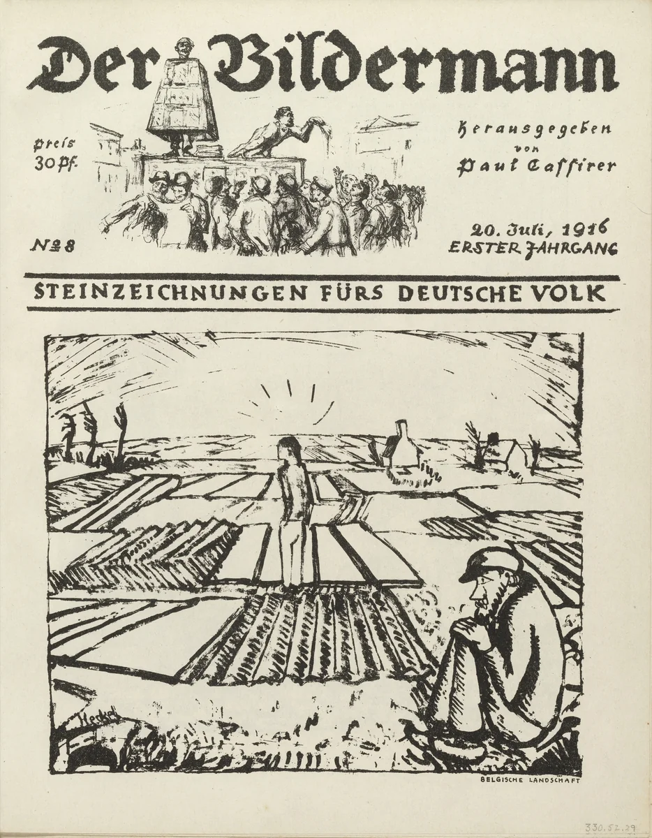 Belgian Landscape (Belgische Landschaft) (front cover, folio 16) from the periodical Der Bildermann, vol. 1, no. 8 (Jul 1916) by Erich Heckel, periodical, 1916