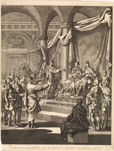 Paulus geketend voor koning Agrippa by Jan Luyken, print, 1708