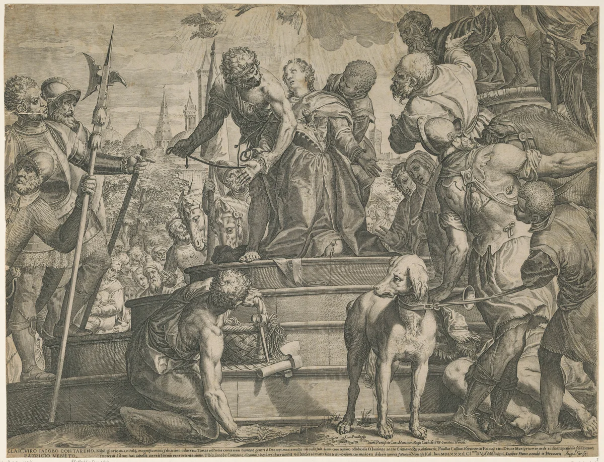 Het martelaarschap van de heilige Justina van Padua (onderste helft) by Unknown, print, 1582