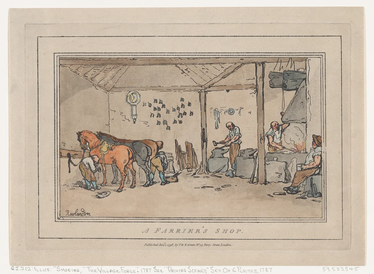 A Farrier's Shop by Thomas Rowlandson, print, 1798
